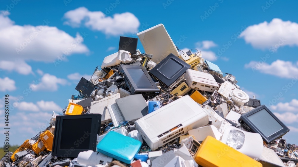 Rare earth pollution Concept, Pile of Electronic Waste Among Mountains of Discarded Technology and Rare Earth Materials Under Blue Sky