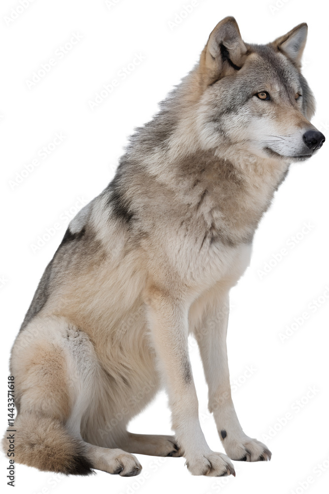Fototapeta premium Majestic grey wolf in a relaxed sitting pose isolated on the transparent background