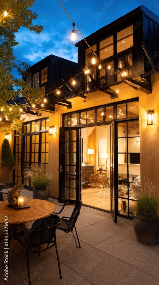 Fototapeta premium Modern patio at dusk, with string lights and open view of home