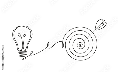 Continuous one line drawing of light bulb with a dart board.  Startup idea creative imagination jackpot highest point goals and winning education or business success. Editable stroke. 