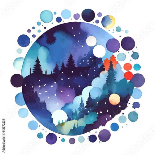 fanciful watercolor forest landscape vector illustration