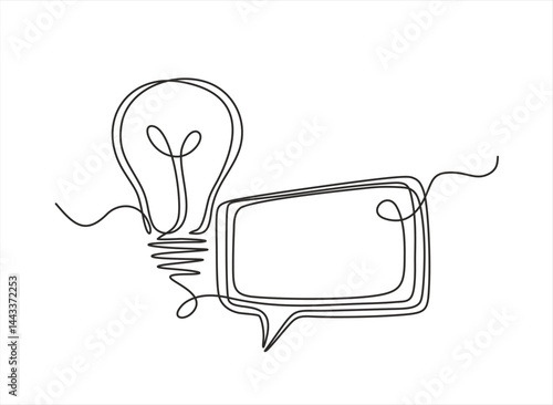 Quick tips.Continuous one line drawing of light bulb and speech bubble. Trendy line art vector on a white background. Vector illustration. Editable stroke. 