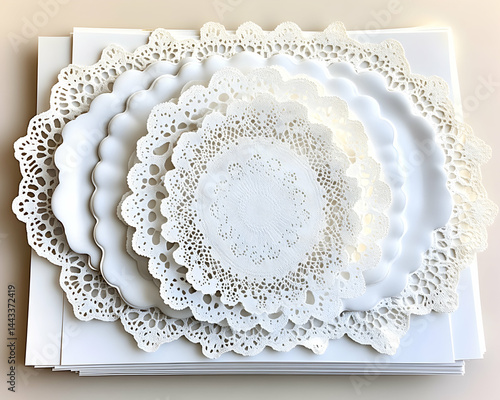White plates are decorated with round ornate doilies The plates sit upon stacked paper