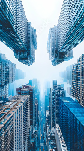 A misty cityscape view from the bottom high buildings around a blue hue in a metropolitan atmosphere