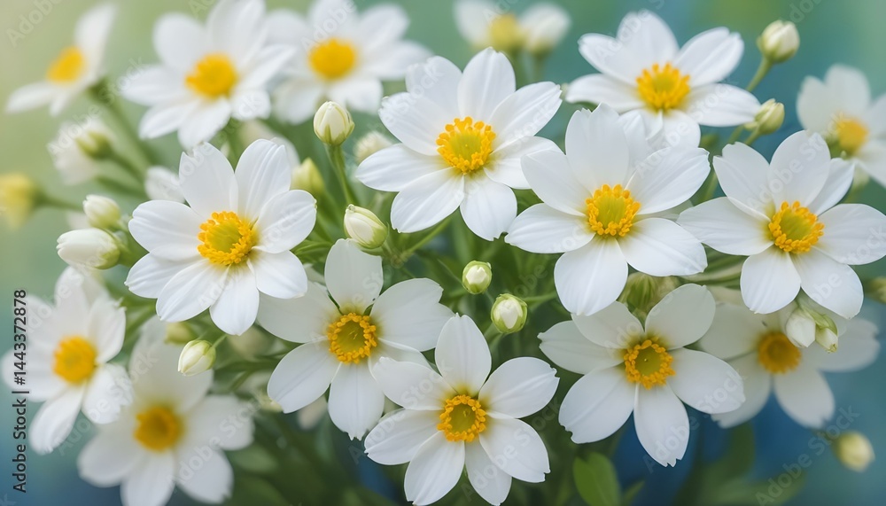 A close-up of a bouquet of white flowers with yellow centers, fresh and blooming. A close-up of a bouquet of white flowers with yellow centers, fresh and blooming.