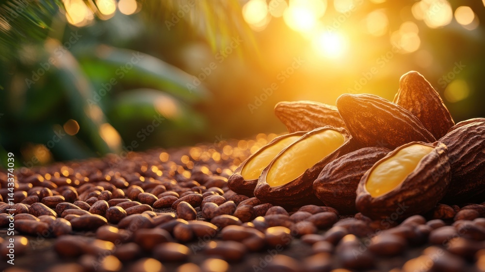 Fototapeta premium Cocoa pods and beans bathed in golden sunlight