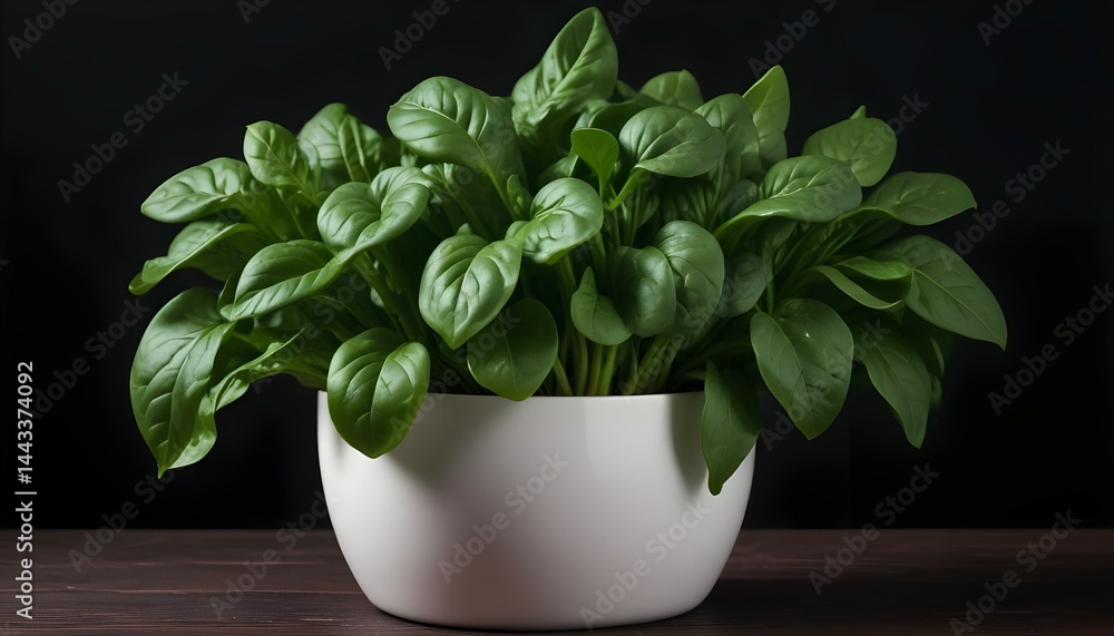 Close-up of a healthy, vibrant spinach plant flourishing in a white pot against a black backdrop. Close-up of a healthy, vibrant spinach plant flourishing in a white pot against a black backdrop.