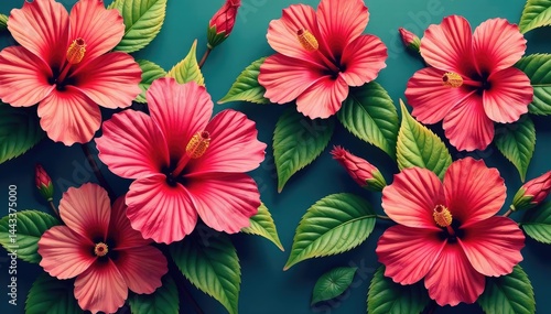 Vibrant hibiscus blossoms, lush leaves, repeating floral pattern , summer, polynesian, leaves