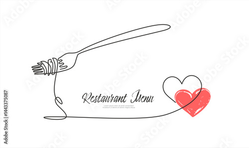 Fork with pasta in One Continuous line drawing. Italian spaghetti noodle and heart for menu design and food delivery service in simple linear style. Editable stroke. Doodle Vector illustration
