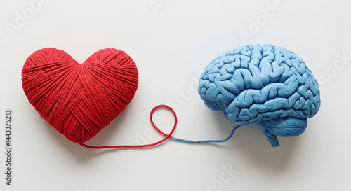 Connected Red Heart with Blue Brain Concept on White Background Showing Balance Between Logic and Emotion