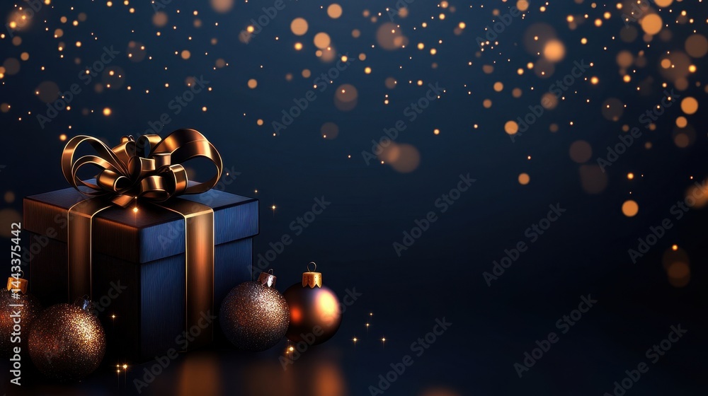 Obraz premium Elegant Christmas gift with golden ribbon and ornaments on a dark blue background with bokeh lights. Festive holiday concept.