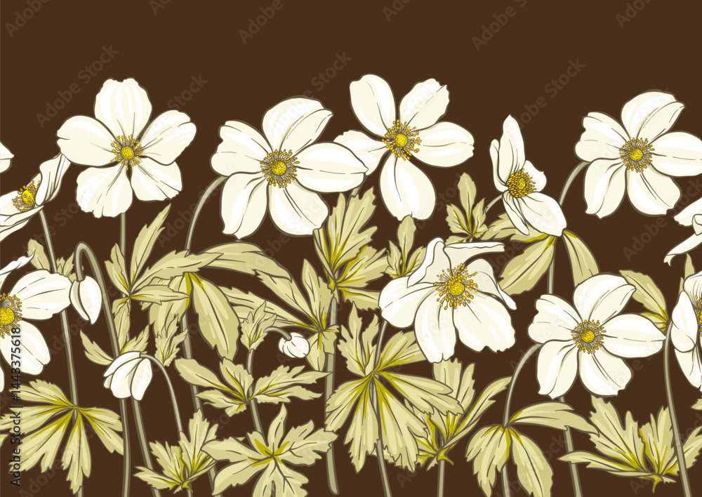 Fototapeta premium Forest Anemone flowers, decorative flowers and leaves Seamless pattern, background. Vector illustration. In botanical style