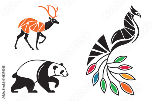 103 Stylized animal logos, minimalist design, geometric shapes, vibrant colors, abstract wildlife, sleek silhouettes, modern branding, orange deer, black and white animals, colorful tail feathers, vec