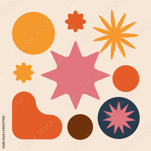 Vector illustration of a set of colorful stars. A beautiful background with stars. Minimal brutalist shape background.
