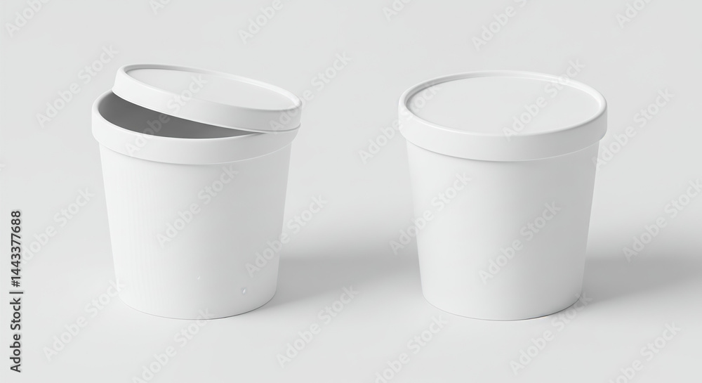 Isolated White Yogurt Containers with Lids – Packaging Mockup on White Background Isolated White Yogurt Containers with Lids – Packaging Mockup on White Background