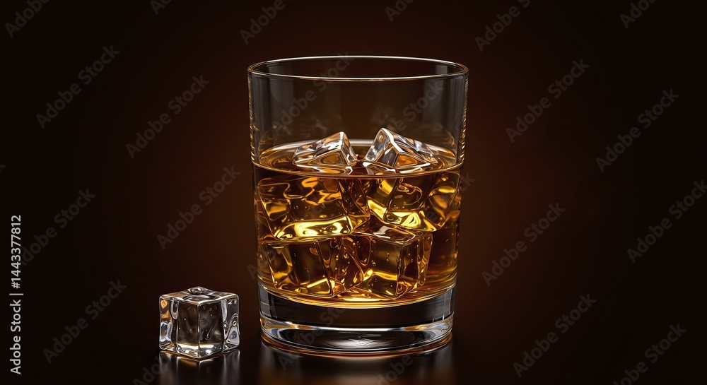 Glass of whiskey with ice cubes on dark background for beverage design Glass of whiskey with ice cubes on dark background for beverage design