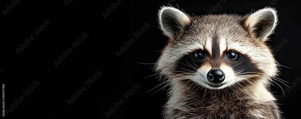 Obraz premium Raccoon face stares forward on a plain black background