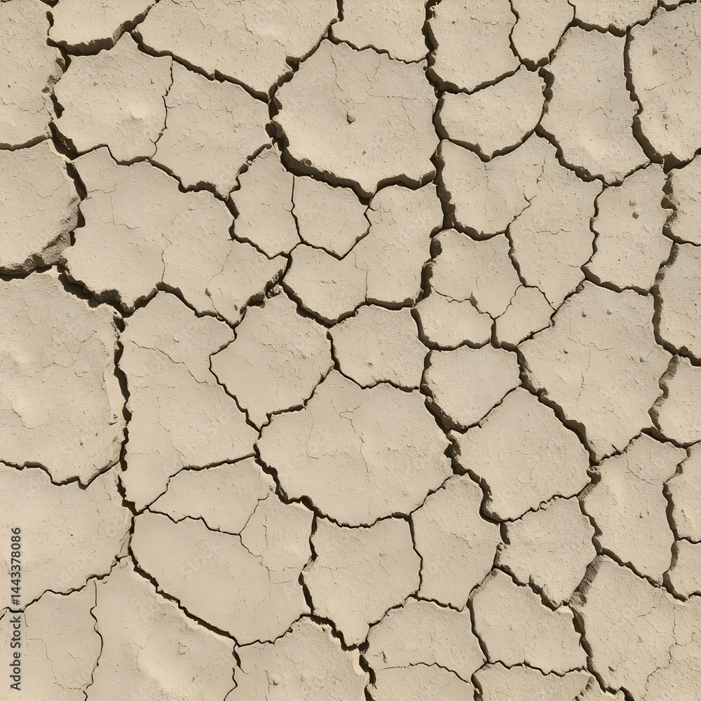 Obraz premium Parched Earth's story: The parched earth reveals a landscape etched with cracks, an emblem of dryness and the relentless sun. Witness the stark texture and the silent tales etched within its surface.