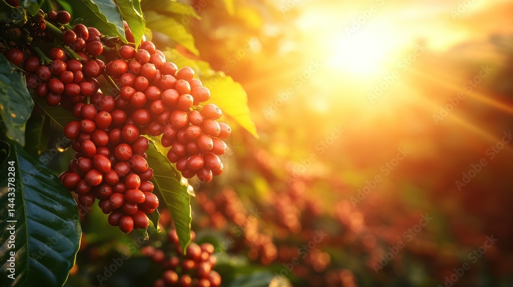Coffee beans ripen on the vine in sunlit plantation Coffee beans ripen on the vine in sunlit plantation