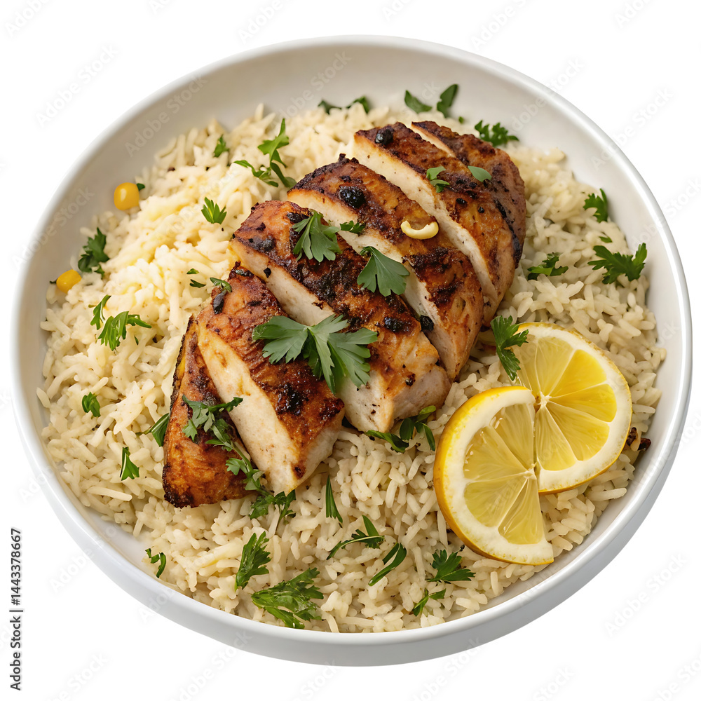 Grilled Chicken Breast Slices with Lemon Rice and Parsley isolated on transparent background Grilled Chicken Breast Slices with Lemon Rice and Parsley isolated on transparent background