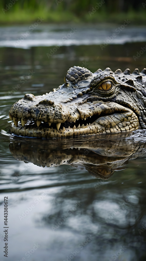 Fototapeta premium A crocodile partially submerged in murky swamp waters, eyes just above the surface.