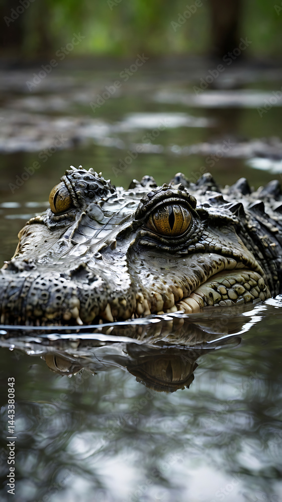 Fototapeta premium A crocodile partially submerged in murky swamp waters, eyes just above the surface.