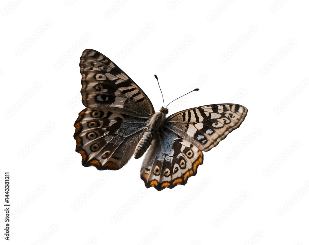 Obraz premium Detailed close up showcasing the Speckled Wood butterfly as it floats delicately, its wings display intricate patterns and subtle color gradations in this isolated composition
