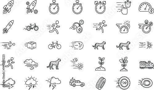 Speed, acceleration line icon set. Vector pictograms of fast movement, progress, quick actions, rocket, speedometer, lightning bolt, rapid growth dynamic