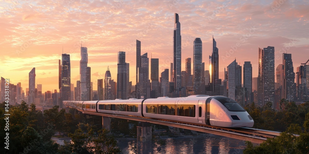 Naklejka premium Connected public transport. A futuristic train travels through a vibrant city skyline at sunset.