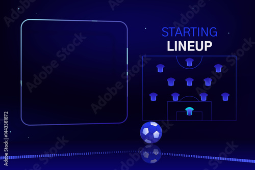 Starting lineup, football team formation. Vector frame template with football pitch diagram, player and goalkeeper icons, football ball. Football analytics, vibrant color, tech background.