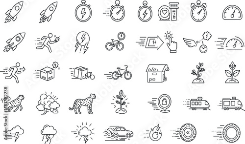 Speed, acceleration line icon set. Vector pictograms of fast movement, progress, quick actions, rocket, speedometer, lightning bolt, rapid growth dynamic