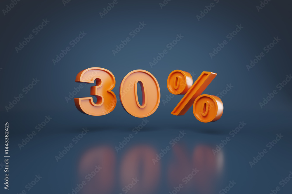 30 percent in three dimensions on blue background. 3D illustration. 30 percent in three dimensions on blue background. 3D illustration.