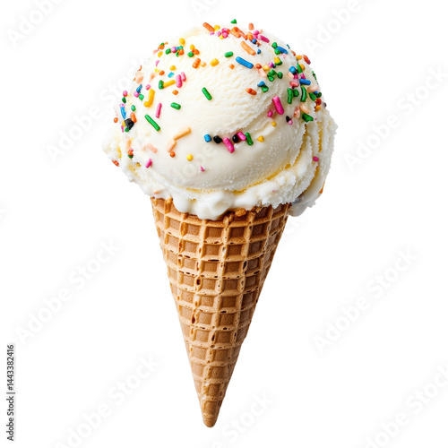 Delicious scoop of vanilla ice cream topped with colorful sprinkles in a waffle cone on transparent background