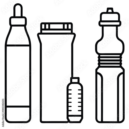 Water Bottle and Flask Canteen, thermos, collapsible water container Vector silhouette line art 