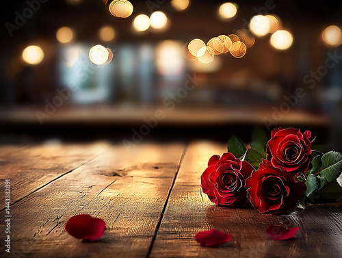 Romantic Red Roses on Rustic Wooden Table  Bokeh Lights Background