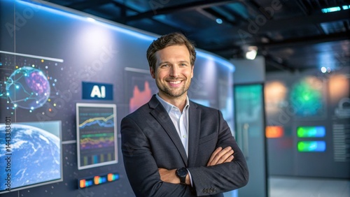 Professional Man Smiling in Modern AI Technology Showroom with Colorful Digital Displays