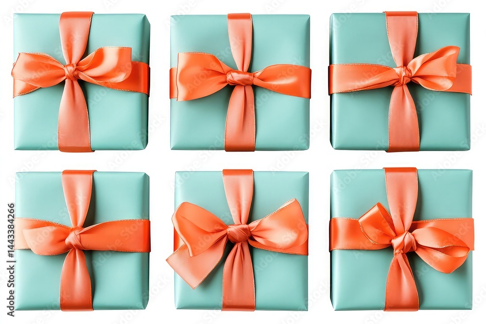A set of vibrant turquoise gift wrapped boxes with contrasting orange ribbon bows A set of vibrant turquoise gift wrapped boxes with contrasting orange ribbon bows