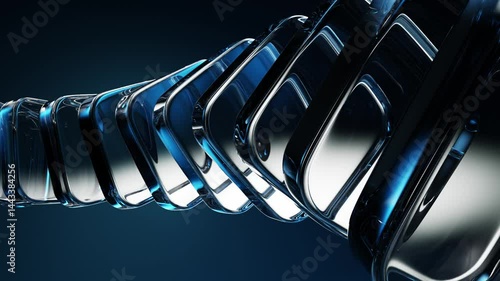 Dark blue background with glass transparent block shapes row. Abstract curve wave line 3d animation. Crystal square plates with flare and light refraction on black bg. Futuristic render digital tech.