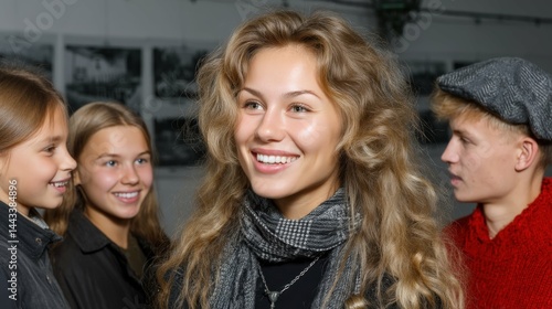 Obraz na płótnie School exhibition for Foundation Day, children presenting projects, together, teenager, blond, mom, friend, sisters w salonie