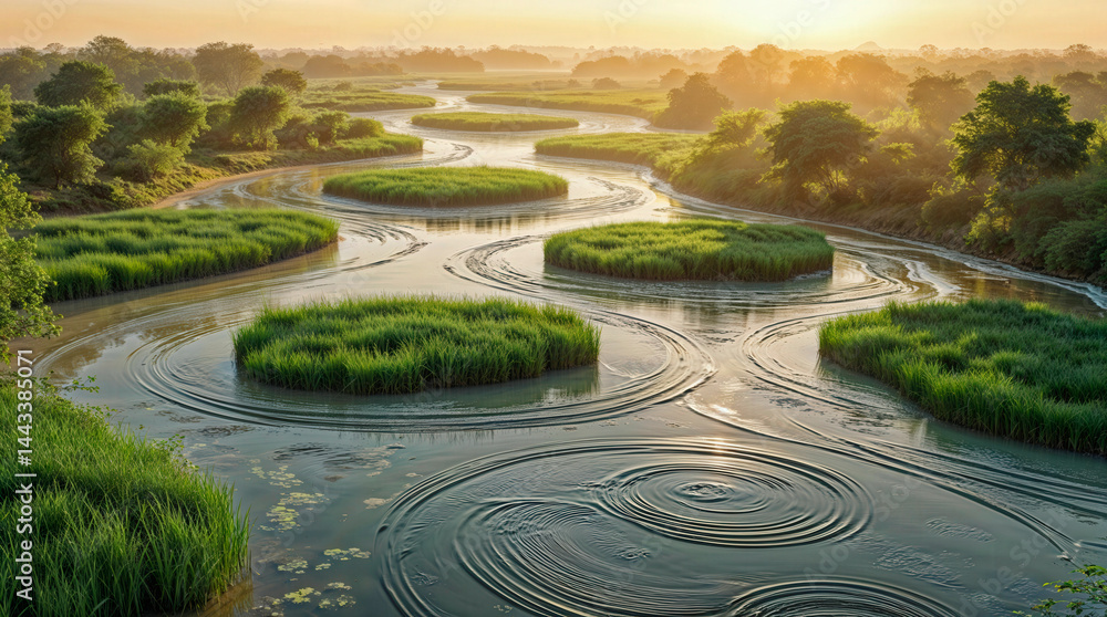 Fototapeta premium Serene River Delta with Lush Reeds at Sunset