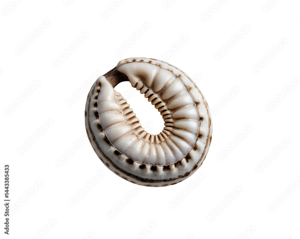 Fototapeta premium Detailed Macro Photograph of a Cowrie Shell Displaying Intricate Textures and Patterns Against a Plain Setting, Ideal for Natural History Illustrations