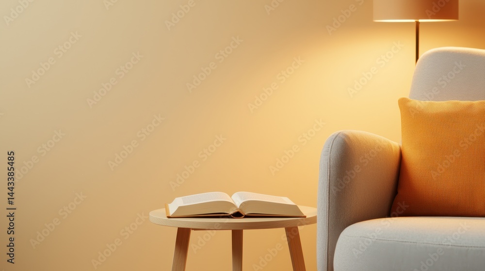 Reading corner comfort Concept, Cozy Reading Nook with Open Book on Wooden Table beside Soft Couch and Gentle Lighting in Warm Tones Reading corner comfort Concept, Cozy Reading Nook with Open Book on Wooden Table beside Soft Couch and Gentle Lighting in Warm Tones