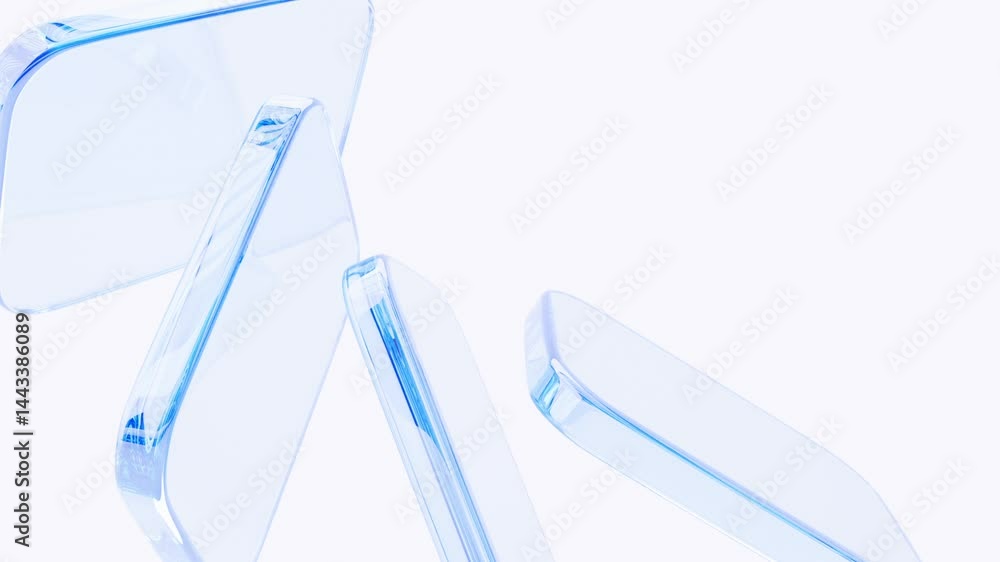 Abstract white background with glass transparent square shapes. 3d animation geometric clear blocks, crystal glossy plates with light blue gradient render. Futuristic design digital technology