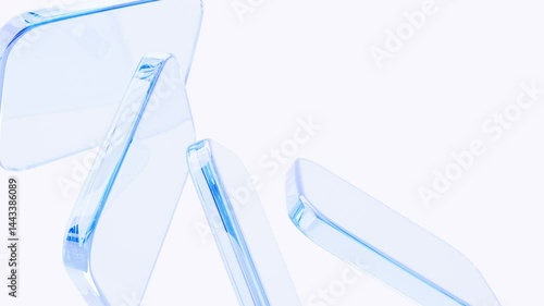 Abstract white background with glass transparent square shapes. 3d animation geometric clear blocks, crystal glossy plates with light blue gradient render. Futuristic design digital technology