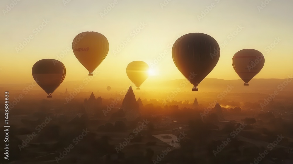 Fototapeta premium Hot air balloons ascend over ancient temples at sunrise, creating a picturesque landscape