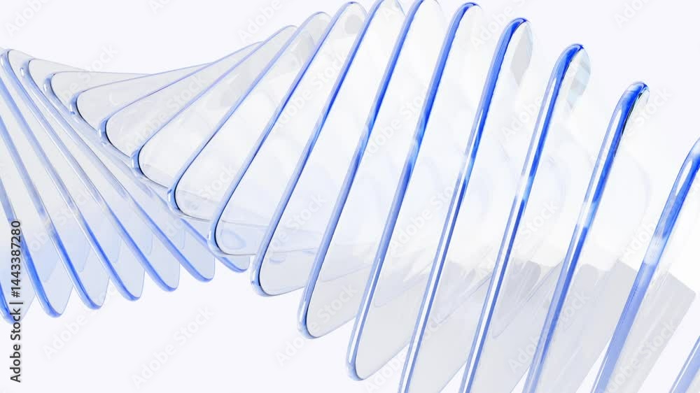 Abstract light blue background with row of glass transparent square plates 3d animation. Crystal curve wave line pattern with gradient texture. Futuristic architecture design, render digital tech.