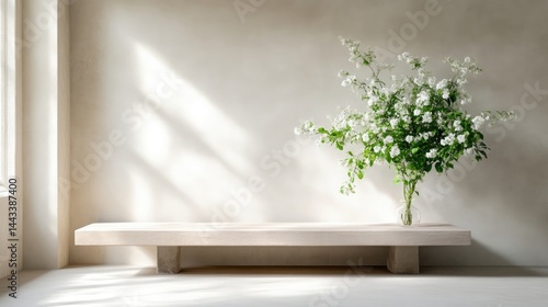 Minimalist interior mockup featuring a wooden bench and a vase with white flowers against a textured beige wall with soft window shadows.