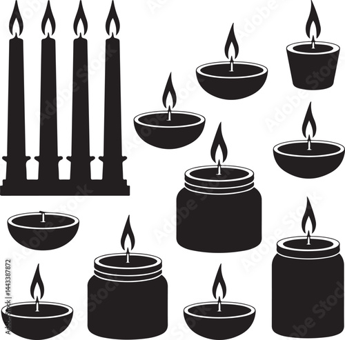 Silhouette vector set of candles, tall taper candles, tealights, jar candles, melting wax, with flames, without flames, black and white