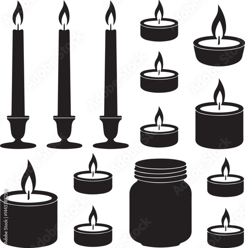 Black candle silhouettes wax flame tealight taper jar vector icons