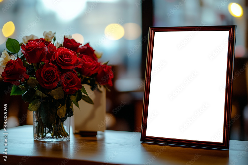 Obraz premium Romantic Red Roses Blank Frame Mockup Valentine s Day Wedding Anniversary Love Bouq